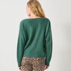 Trui En Vest<Blancheporte Loose trui met V-hals en geborduurde hartjes, patenttricot groen