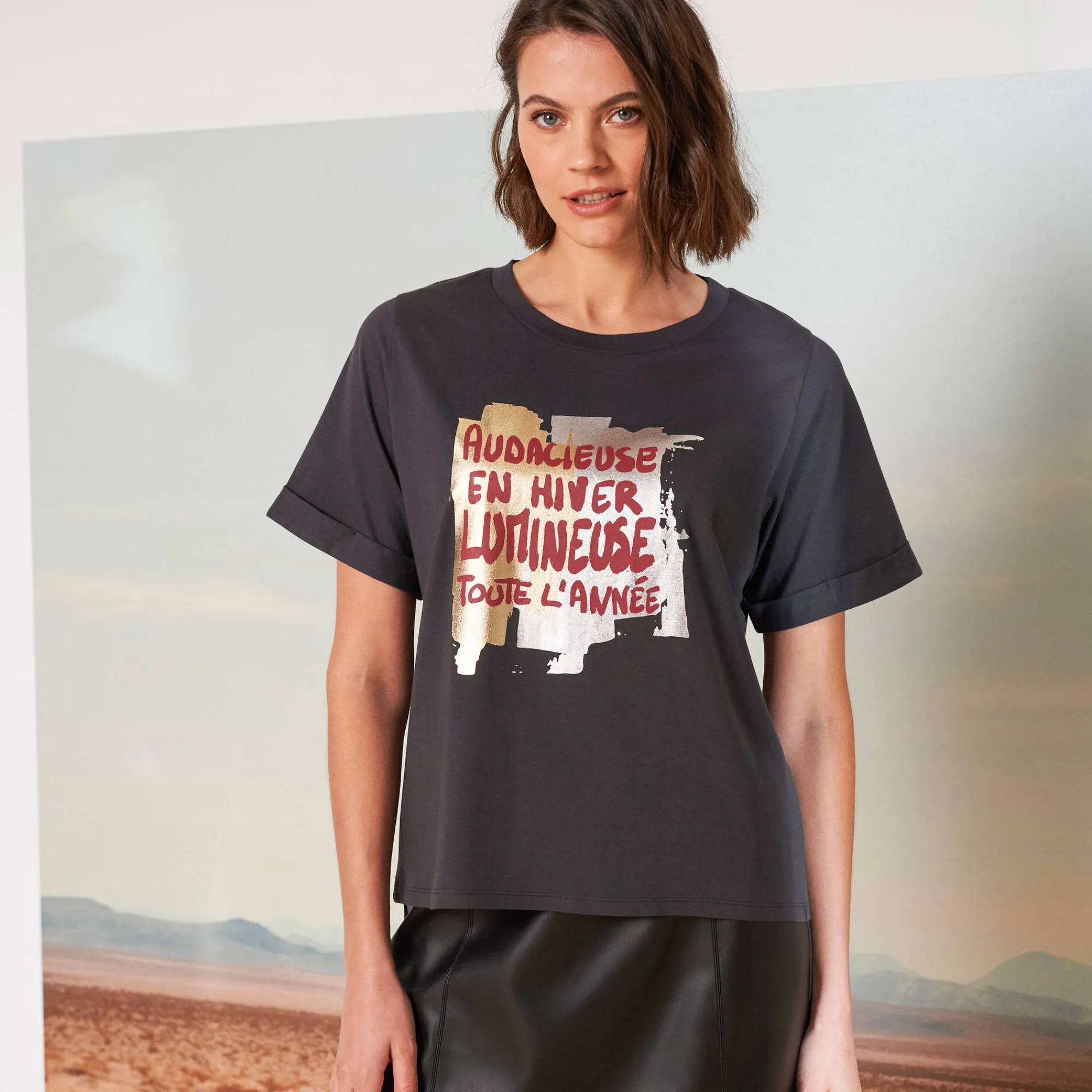 T-Shirt En Topje<Blancheporte Loose T-shirt met letterprint antraciet