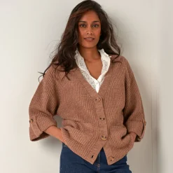 Trui En Vest<Blancheporte Loose vest met knopen, 7/8-mouwen chiné taupe