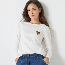 T-Shirt En Topje<Blancheporte Marineshirt met lange mouwen, geborduurd hartje in effen of luipaard ecru / chocolade
