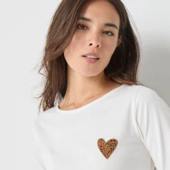 T-Shirt En Topje<Blancheporte Marineshirt met lange mouwen, geborduurd hartje in effen of luipaard ecru / chocolade