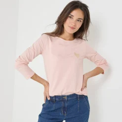 T-Shirt En Topje<Blancheporte Marineshirt met lange mouwen, geborduurd hartje in effen of luipaard zachtroze