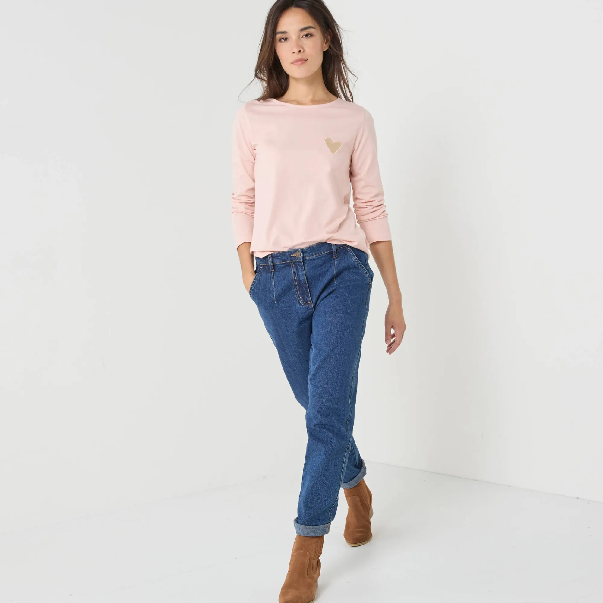 T-Shirt En Topje<Blancheporte Marineshirt met lange mouwen, geborduurd hartje in effen of luipaard zachtroze