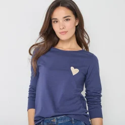 T-Shirt En Topje<Blancheporte shirt met lange mouwen, geborduurd hartje in effen of luipaard marine