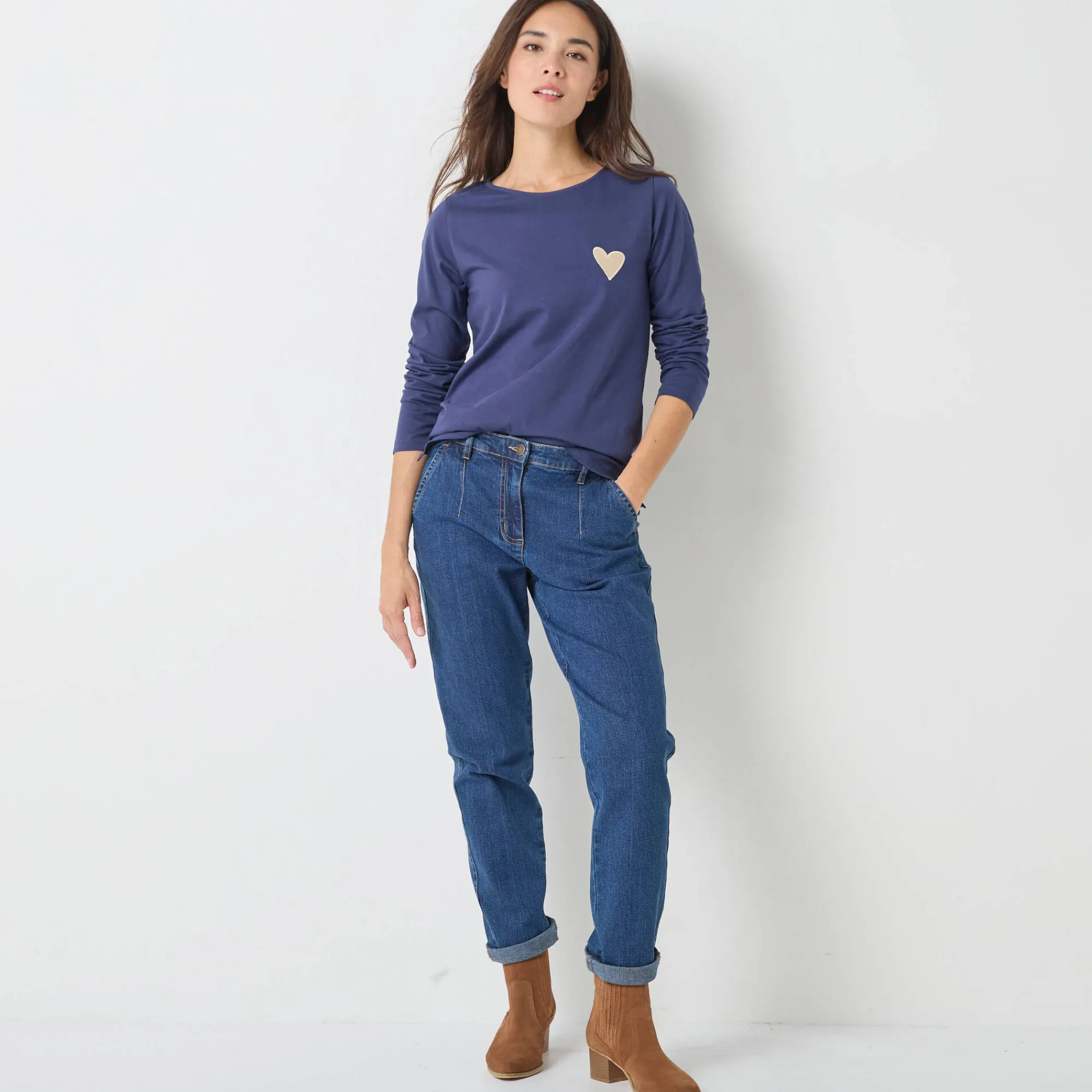 T-Shirt En Topje<Blancheporte shirt met lange mouwen, geborduurd hartje in effen of luipaard marine