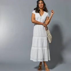 Jurk<Blancheporte Maxi-jurk van macramékant gebroken wit