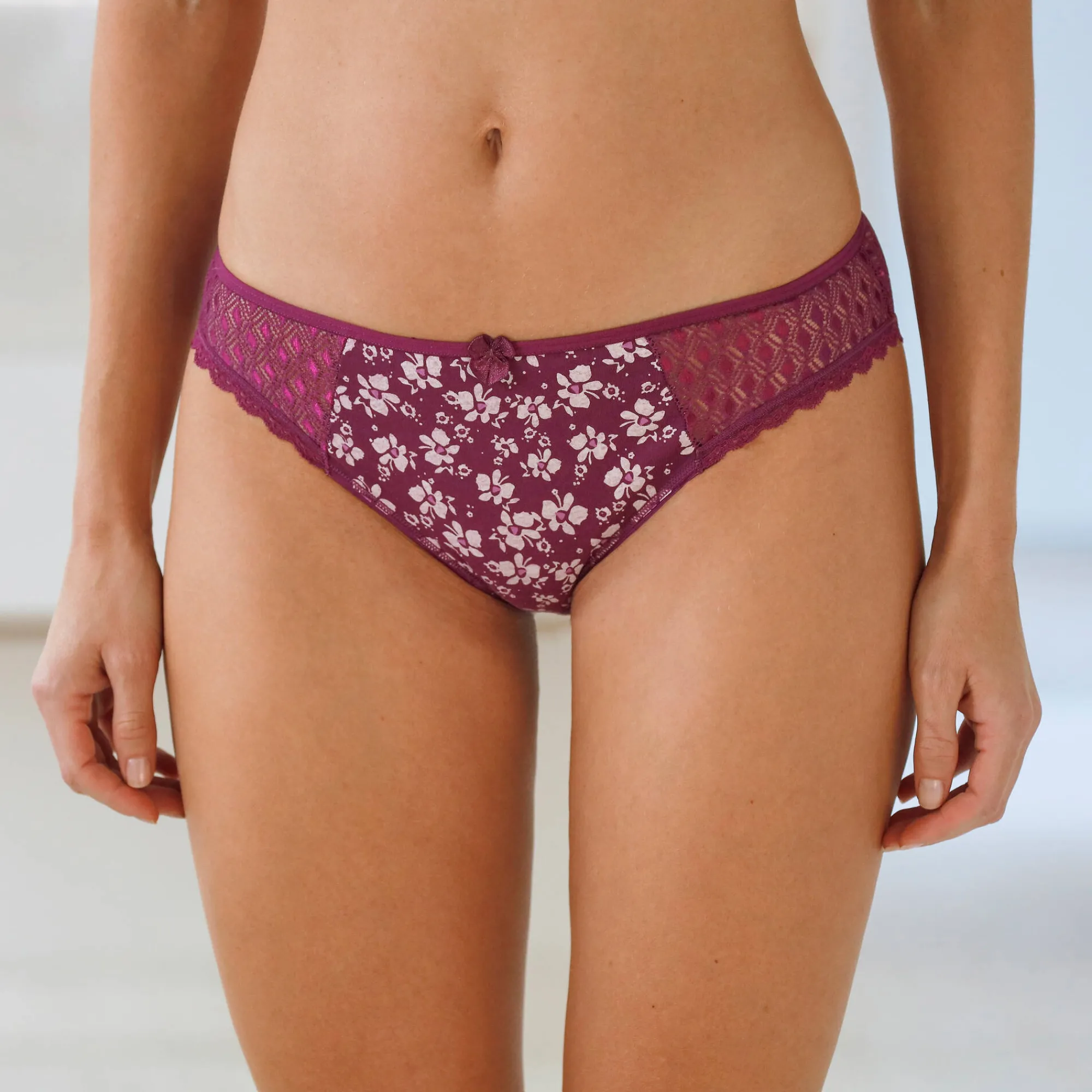 Slip En Shorty<Confidence Lingerie Midislip in katoen en kant met bloemenprint Coria - set van 2 pruim