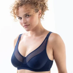 Beha<Blancheporte Minimizerbeha in tricot en tule met beugels marine