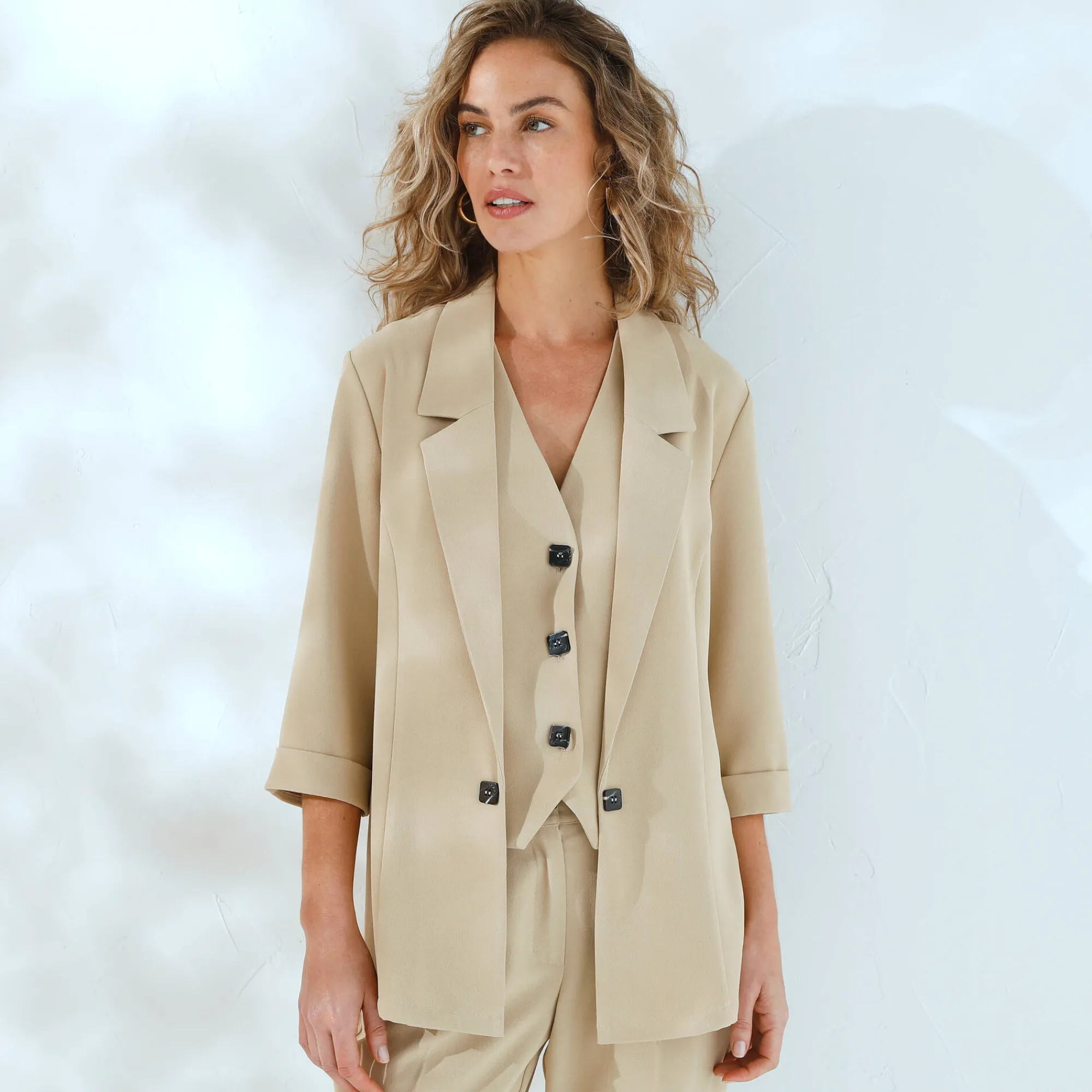 Jas En Mantel|Jurk<Blancheporte 3/4-mouwen jas van vloeiende crêpe beige