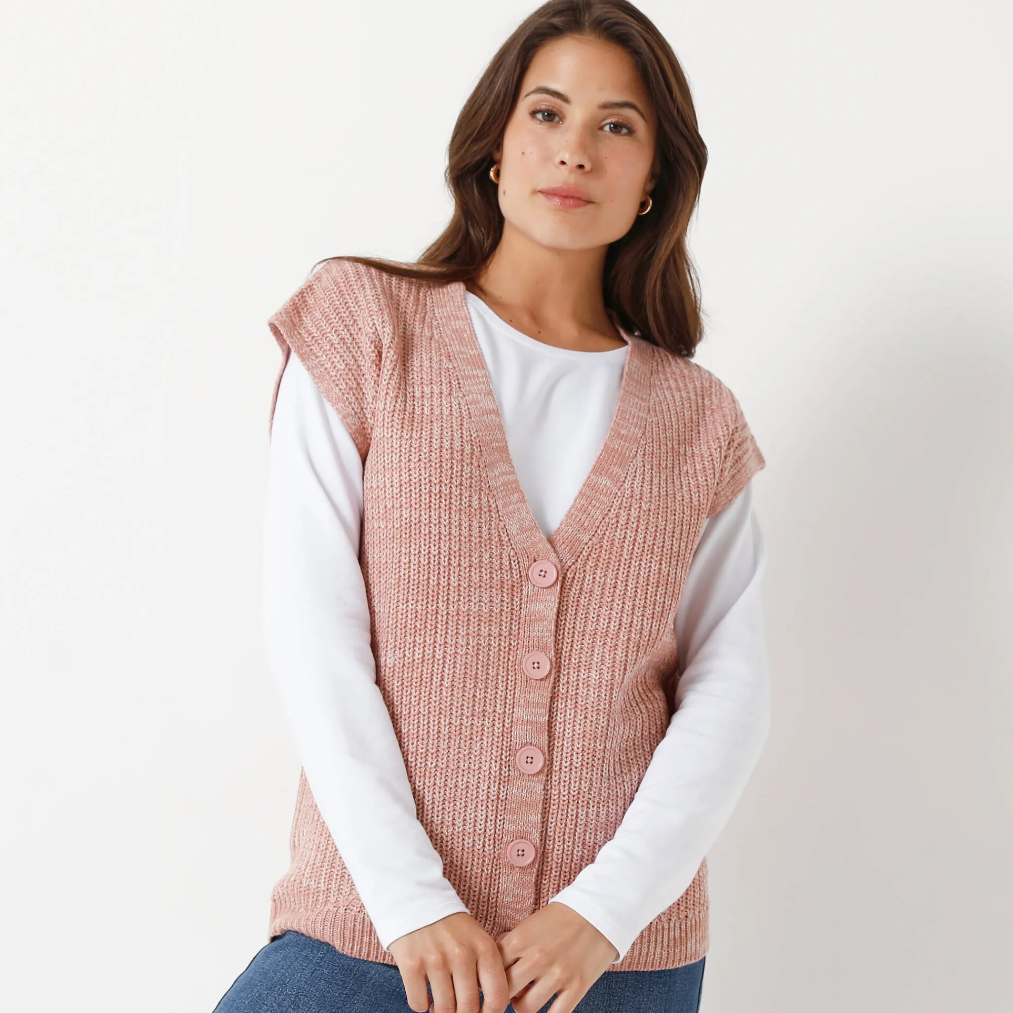 Trui En Vest<Blancheporte Mouwloos vest met knopen chiné rozenhout