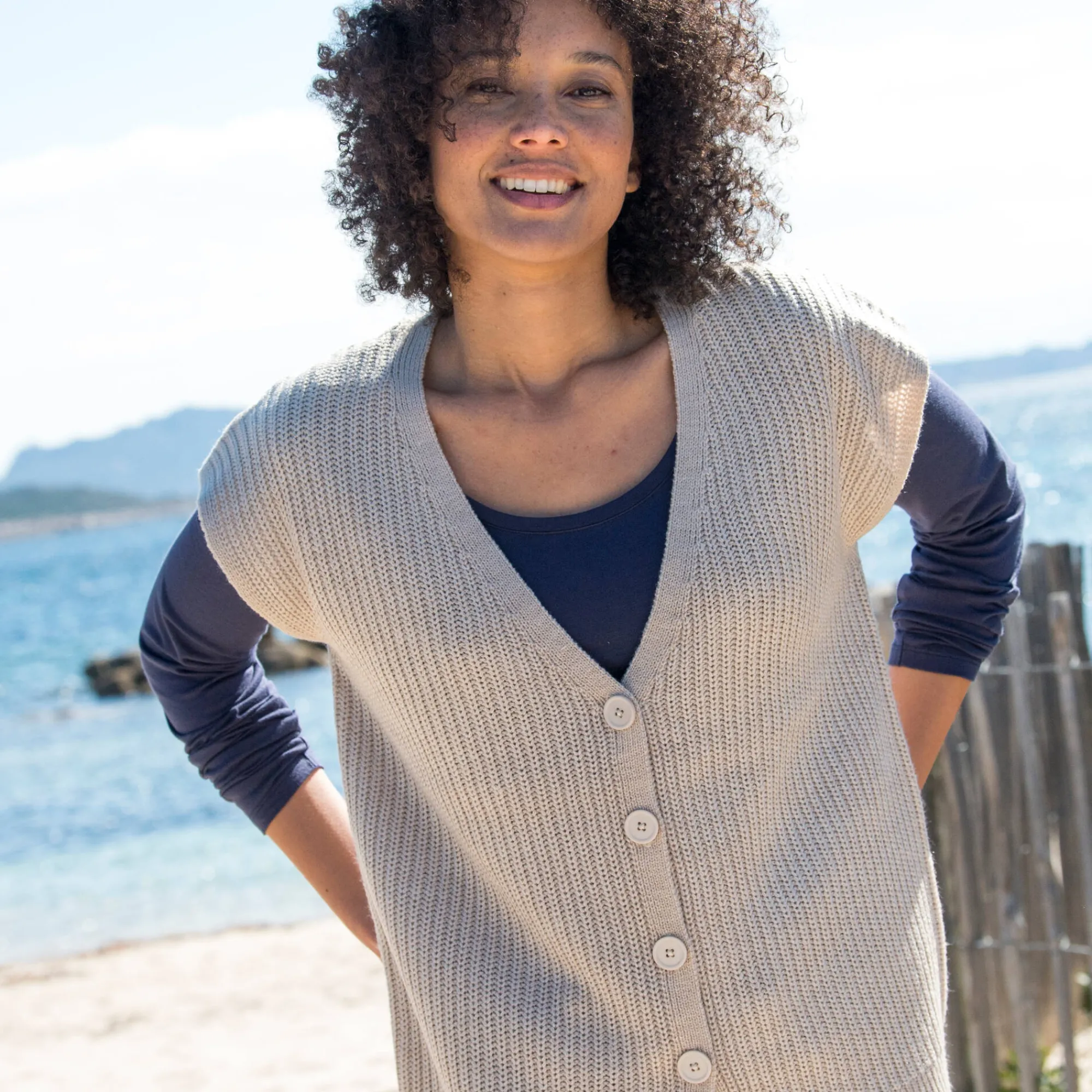 Trui En Vest<Blancheporte Mouwloos vest met knopen chiné beige