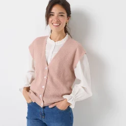 Trui En Vest<Blancheporte Mouwloos vest met knopen, patenttricot poederroze
