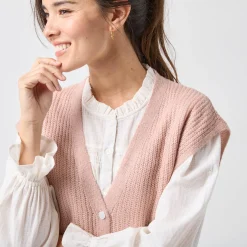 Trui En Vest<Blancheporte Mouwloos vest met knopen, patenttricot poederroze