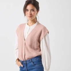 Trui En Vest<Blancheporte Mouwloos vest met knopen, patenttricot poederroze