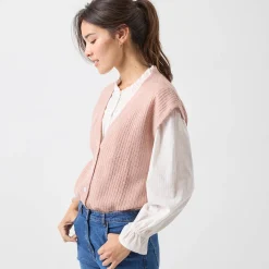 Trui En Vest<Blancheporte Mouwloos vest met knopen, patenttricot poederroze