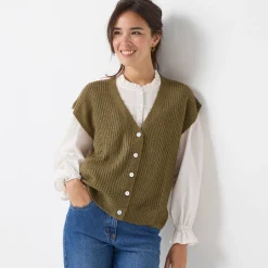 Trui En Vest<Blancheporte Mouwloos vest met knopen, patenttricot bronskleur
