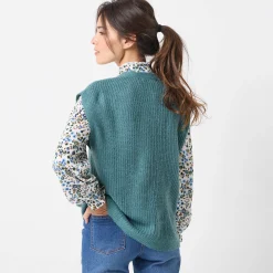 Trui En Vest<Blancheporte Mouwloos vest met knopen, patenttricot saliegroen