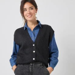 Trui En Vest<Blancheporte Mouwloos vest met knopen, patenttricot zwart