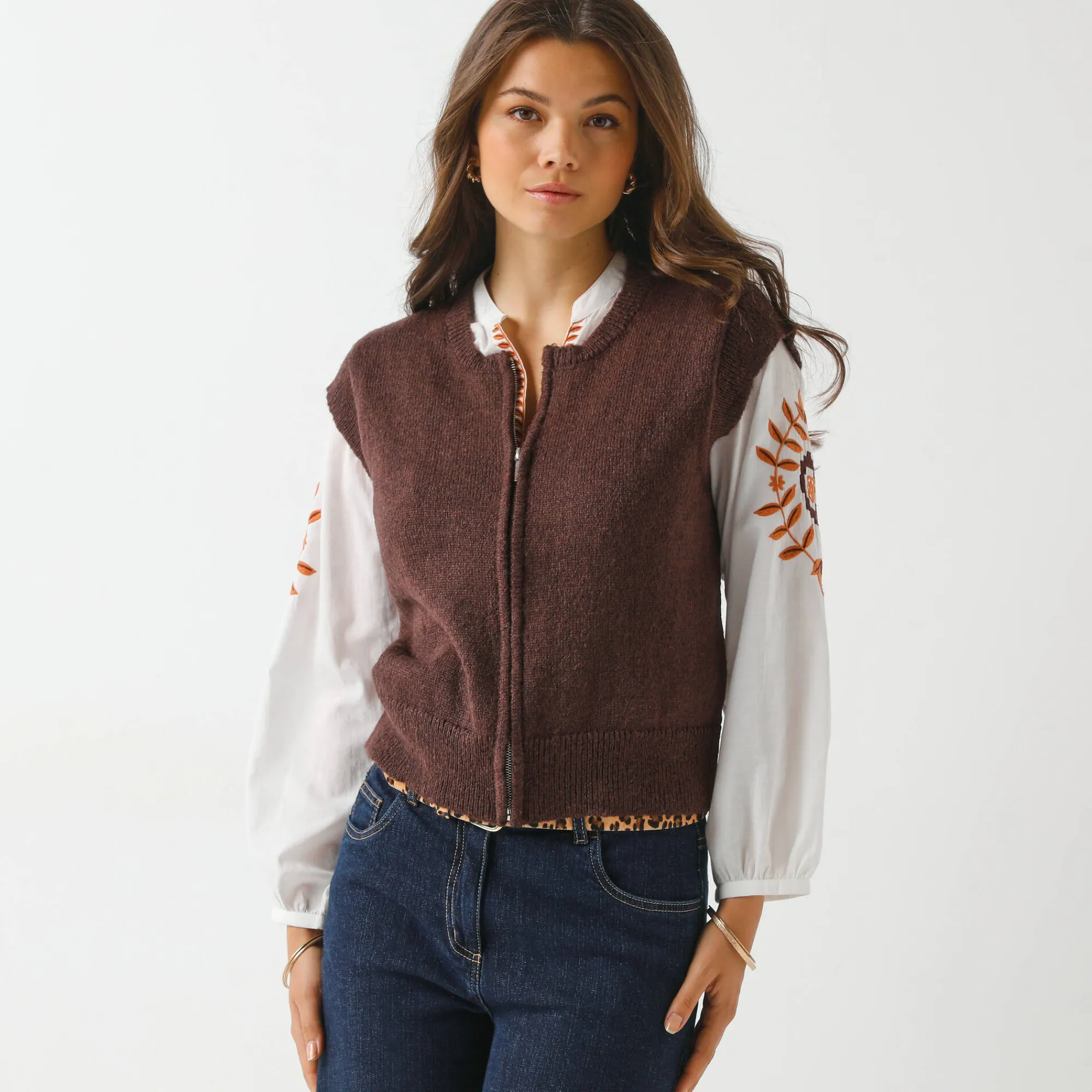 Trui En Vest<Blancheporte Mouwloos vest met rits chocolade