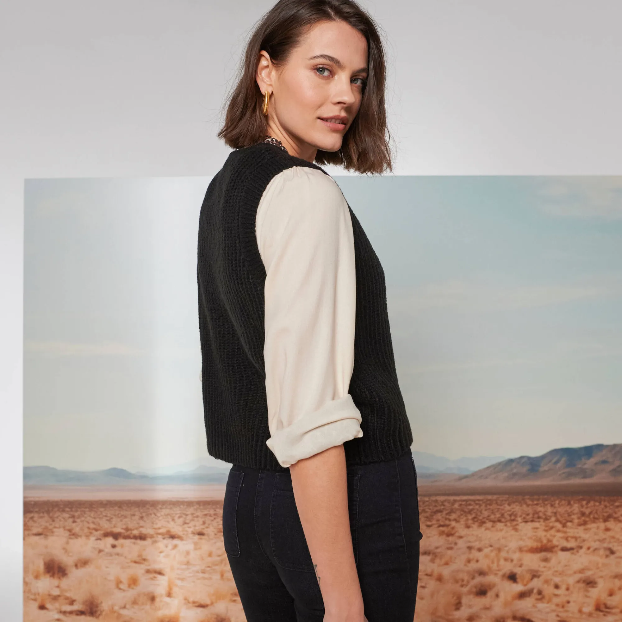 Trui En Vest<Blancheporte Mouwloos vest met zachte touch, goudkleurige knopen zwart