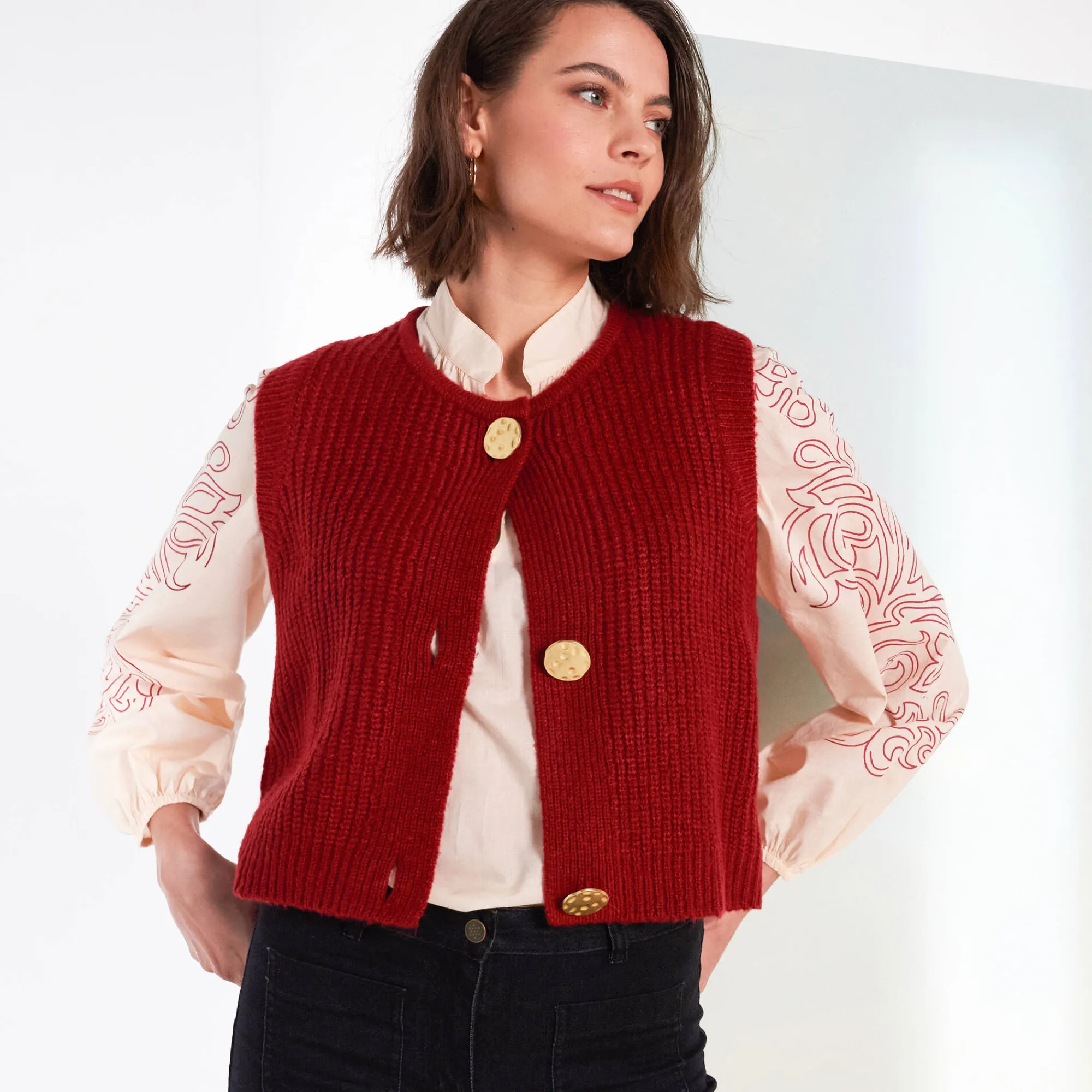 Trui En Vest<Blancheporte Mouwloos vest met zachte touch, goudkleurige knopen bordeaux