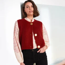 Trui En Vest<Blancheporte Mouwloos vest met zachte touch, goudkleurige knopen bordeaux