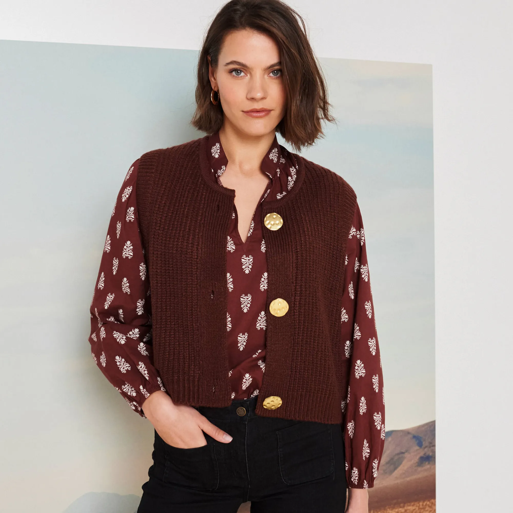 Trui En Vest<Blancheporte Mouwloos vest met zachte touch, goudkleurige knopen chocolade