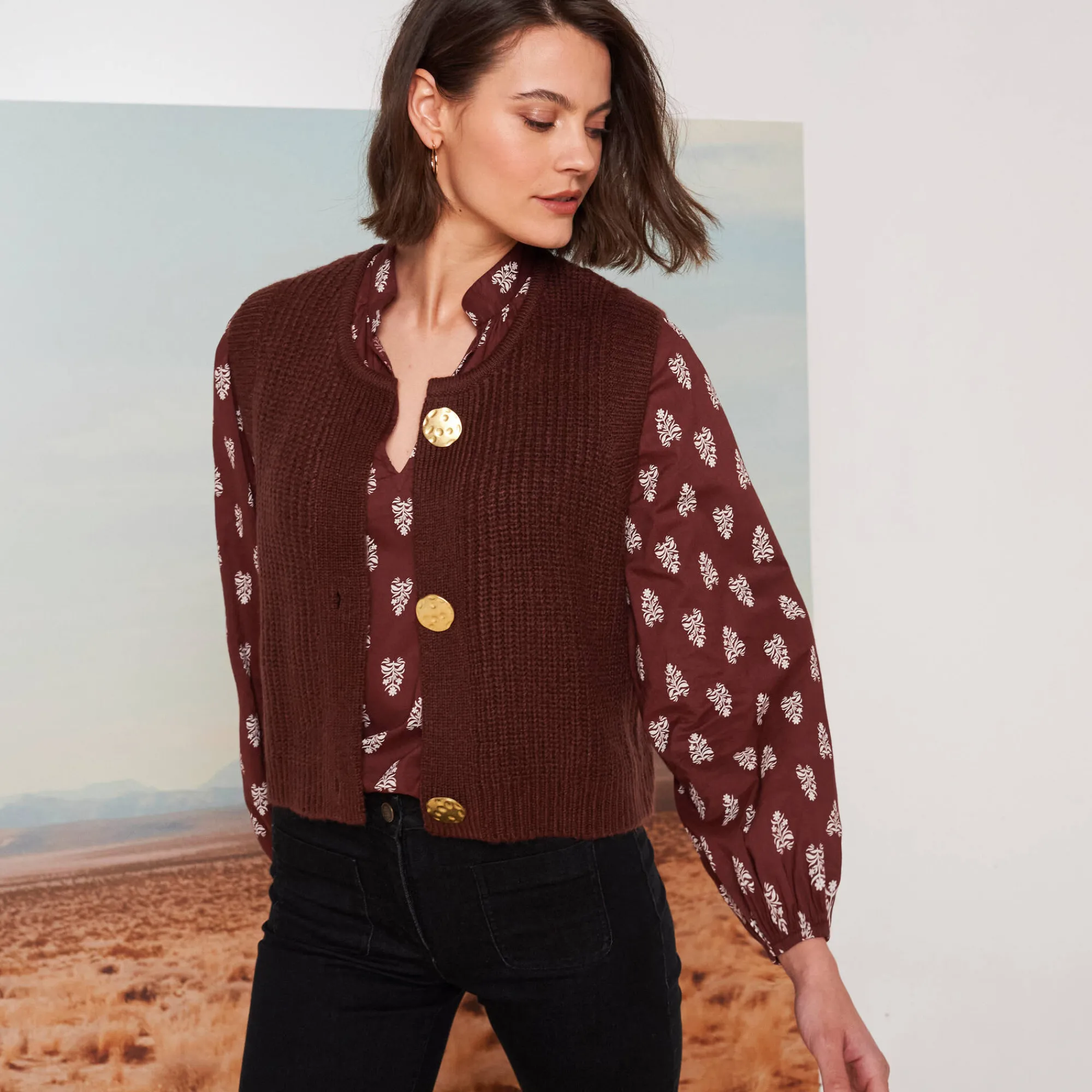 Trui En Vest<Blancheporte Mouwloos vest met zachte touch, goudkleurige knopen chocolade