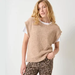 Trui En Vest<Blancheporte Mouwloze trui in lusjestricot, afhangende schouders beige