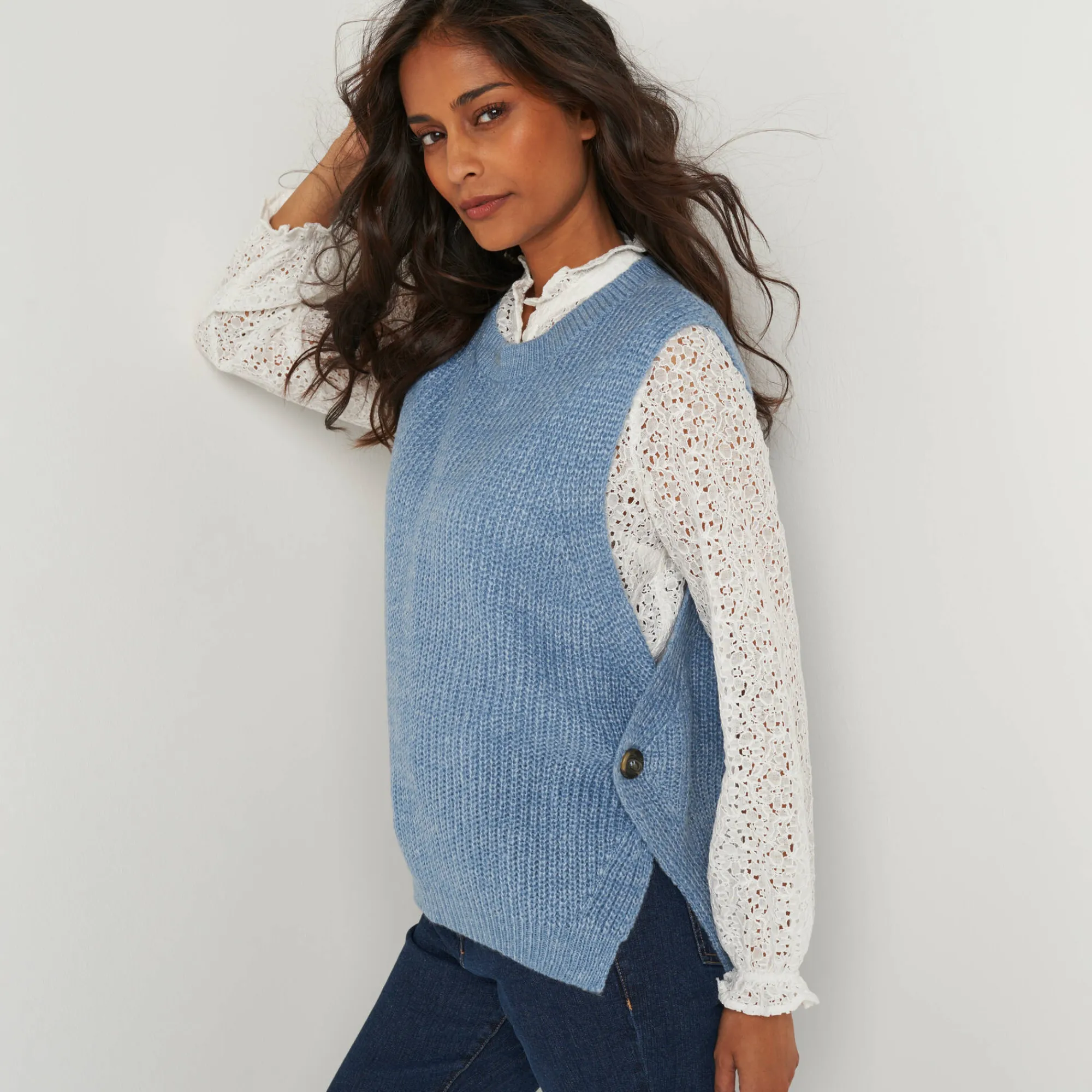 Trui En Vest<Blancheporte Mouwloze trui in tricot chiné blauw