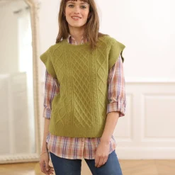 Trui En Vest<Blancheporte Mouwloze trui met kabelmotieven en afhangende schouders mosgroen