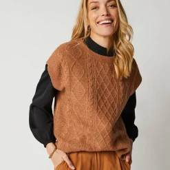 Trui En Vest<Blancheporte Mouwloze trui met kabelmotieven en afhangende schouders karamel