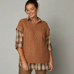 Trui En Vest<Blancheporte Mouwloze trui met kabelmotieven en afhangende schouders karamel