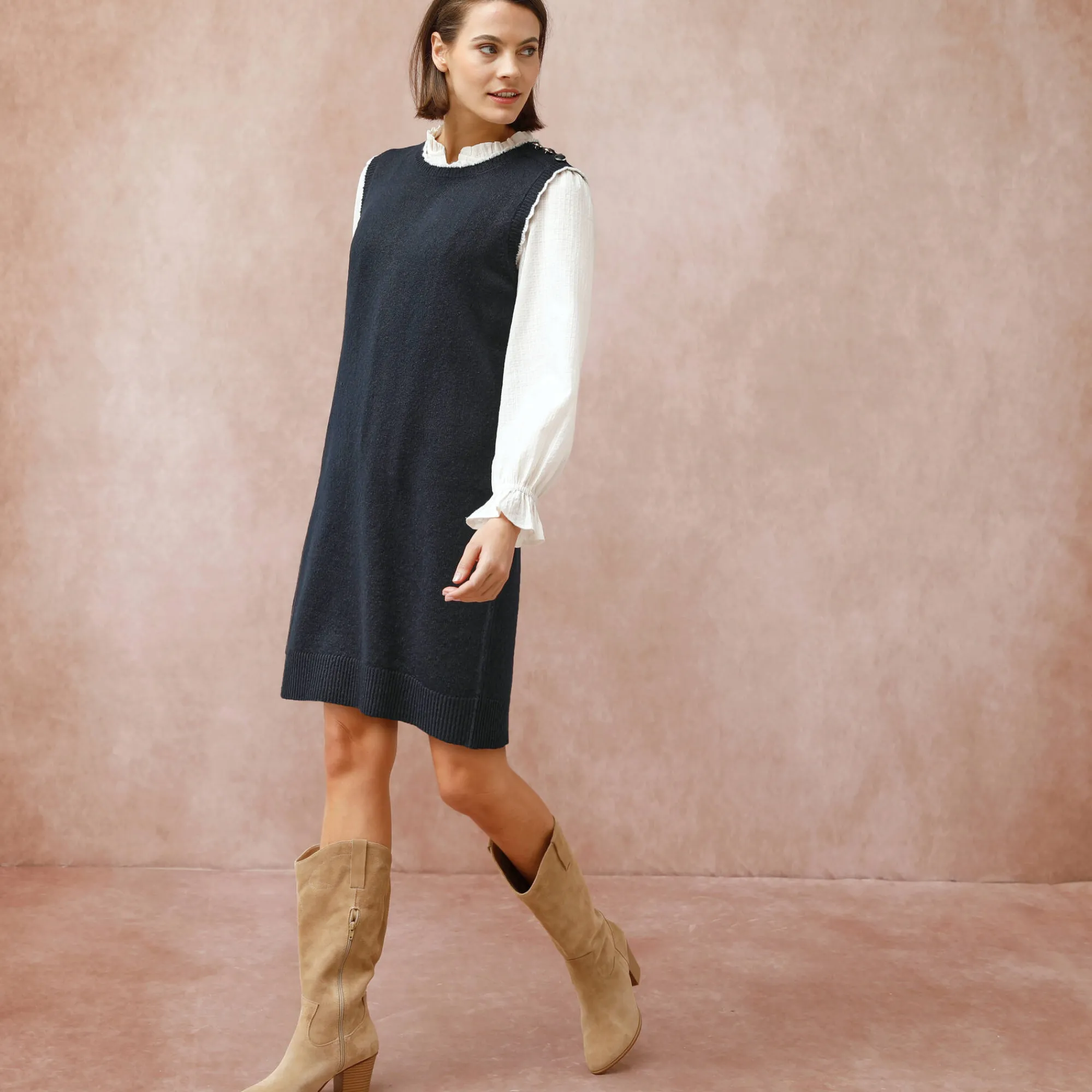 Jurk<Blancheporte Mouwloze trui-jurk, contrasterende afwerking marine
