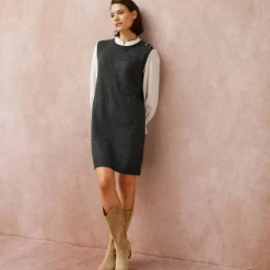 Jurk<Blancheporte Mouwloze trui-jurk, contrasterende afwerking chiné antraciet