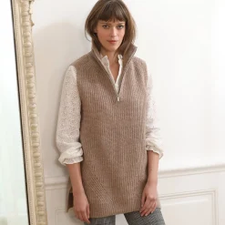 Trui En Vest<Blancheporte Mouwloze tuniektrui in ribbels, opstaande ritskraag chiné beige