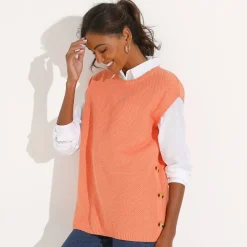 Trui En Vest<Blancheporte Mouwloze tuniektrui met knopen in hoornstijl, fantasietricot abrikoos