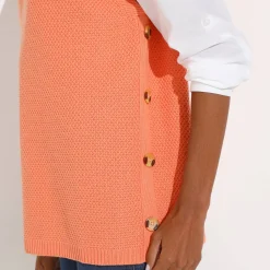 Trui En Vest<Blancheporte Mouwloze tuniektrui met knopen in hoornstijl, fantasietricot abrikoos