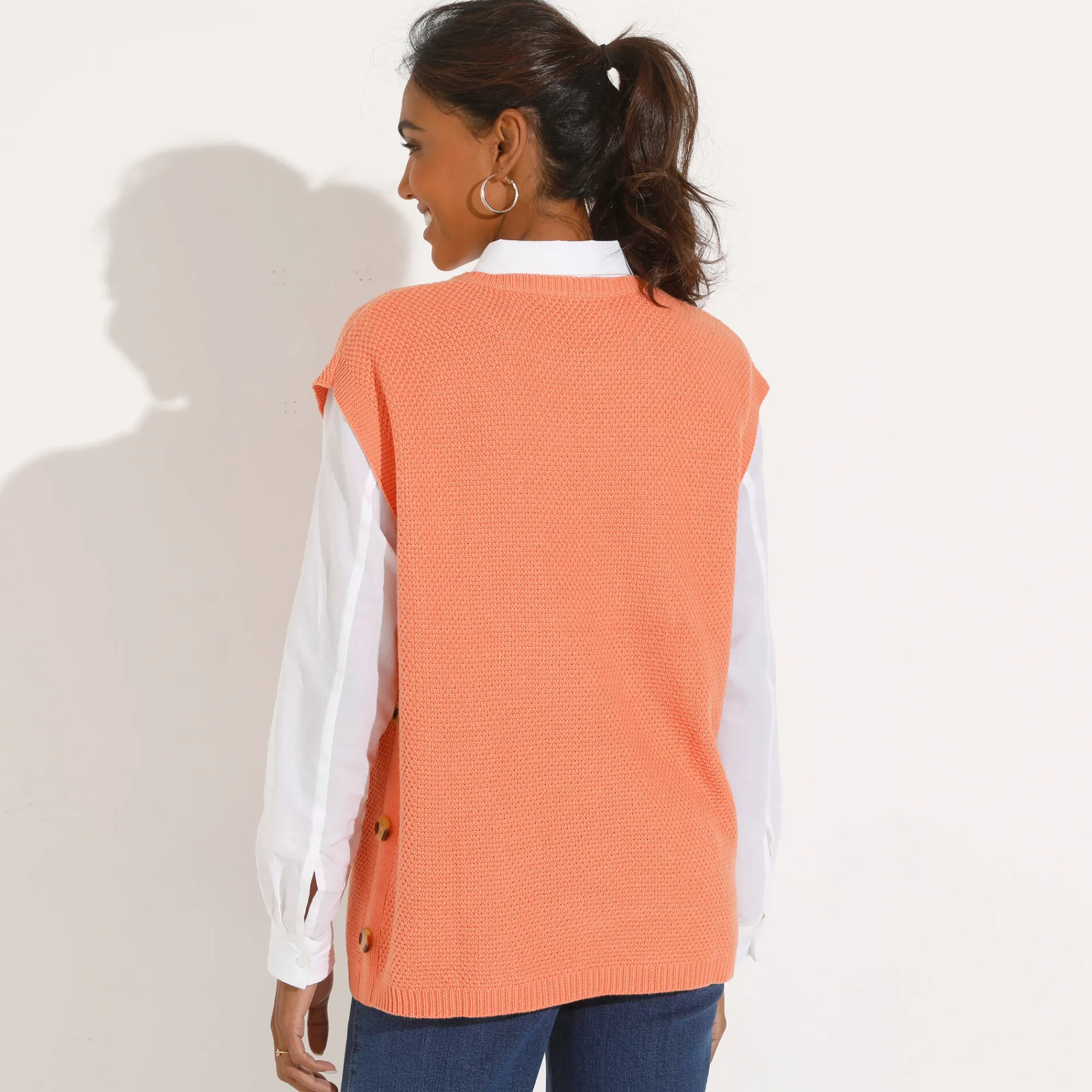 Trui En Vest<Blancheporte Mouwloze tuniektrui met knopen in hoornstijl, fantasietricot abrikoos