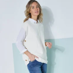 Trui En Vest<Blancheporte Mouwloze tuniektrui met knopen in hoornstijl, fantasietricot ecru
