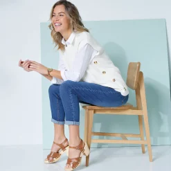 Trui En Vest<Blancheporte Mouwloze tuniektrui met knopen in hoornstijl, fantasietricot ecru