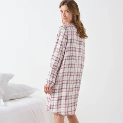 Nachthemd<Blancheporte Nachthemd in liketmodel met knopen vooraan en ruitjesmotief ecru / roze