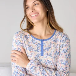 Nachthemd<Blancheporte Nachthemd met lange mouw en en 'vogel' print ecru / blauw