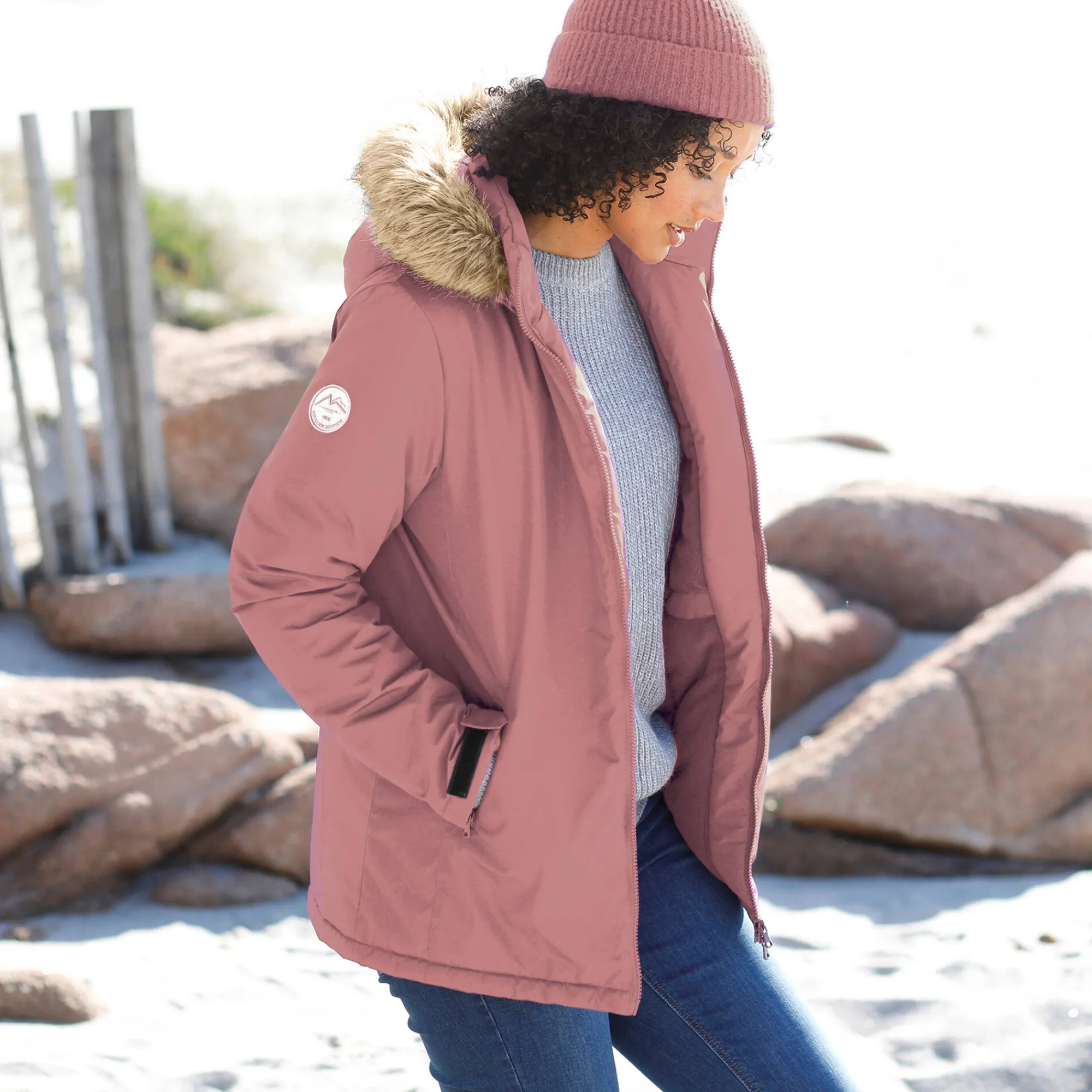Parka En Donsjas<Blancheporte Ondoorlatende parka met rits en afneembare kap grijsroze