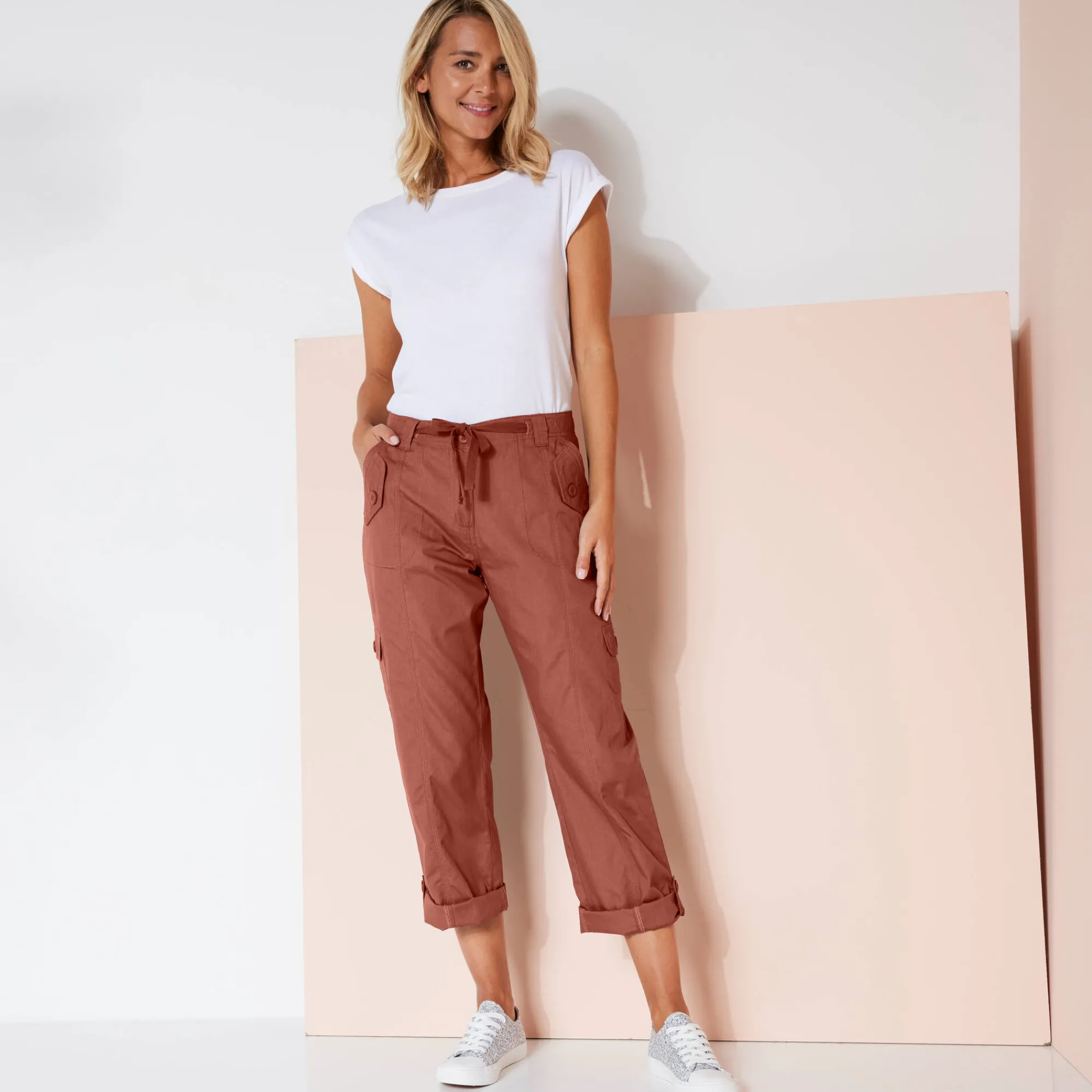 Broek<Blancheporte Oprolbare broek in battlestijl terracotta