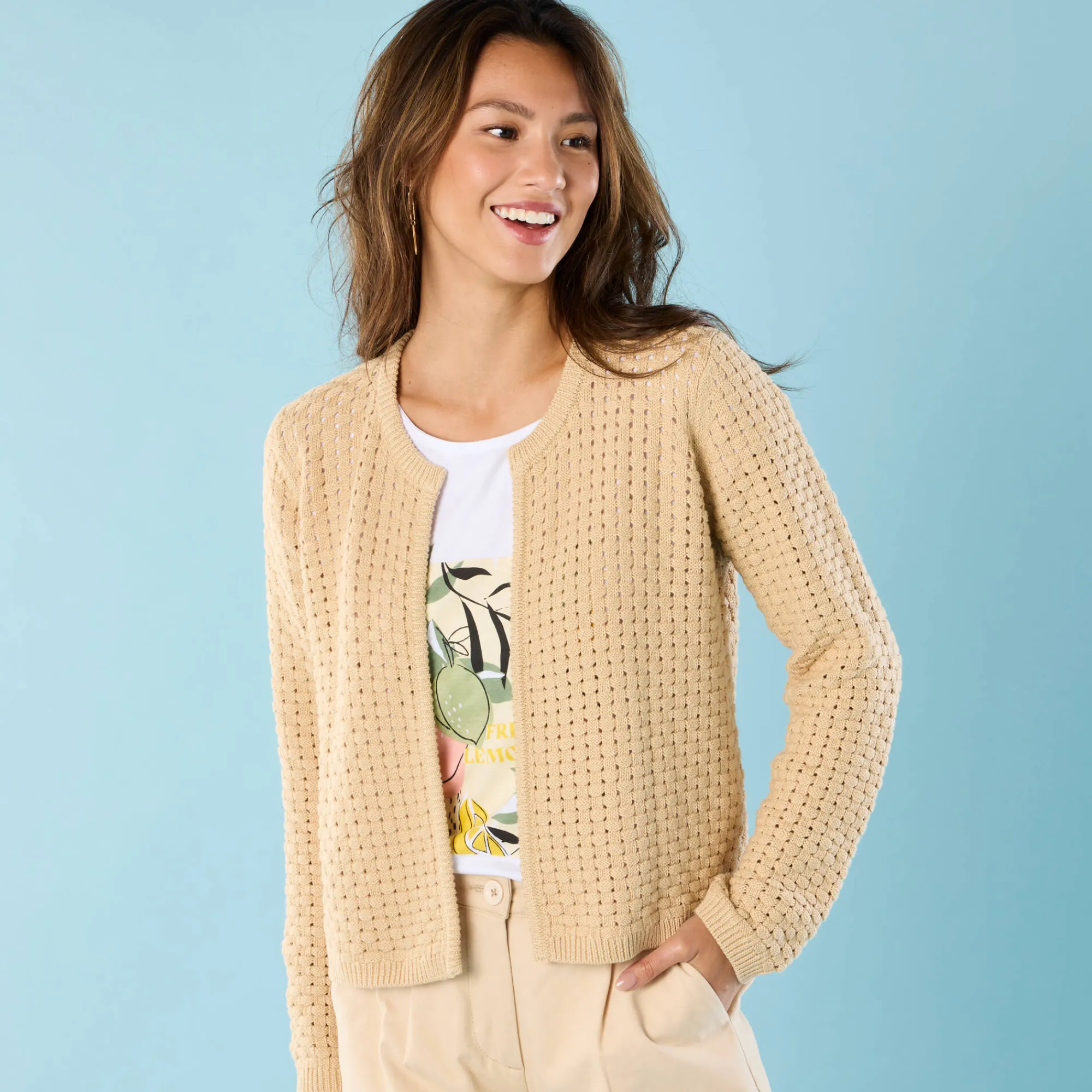 Trui En Vest<Blancheporte Paletotvest in fantasietricot, Kleine Lengtes zandkleur