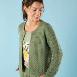Trui En Vest<Blancheporte Paletotvest in fantasietricot, Kleine Lengtes lindegroen