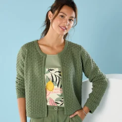 Trui En Vest<Blancheporte Paletotvest in fantasietricot, Kleine Lengtes lindegroen