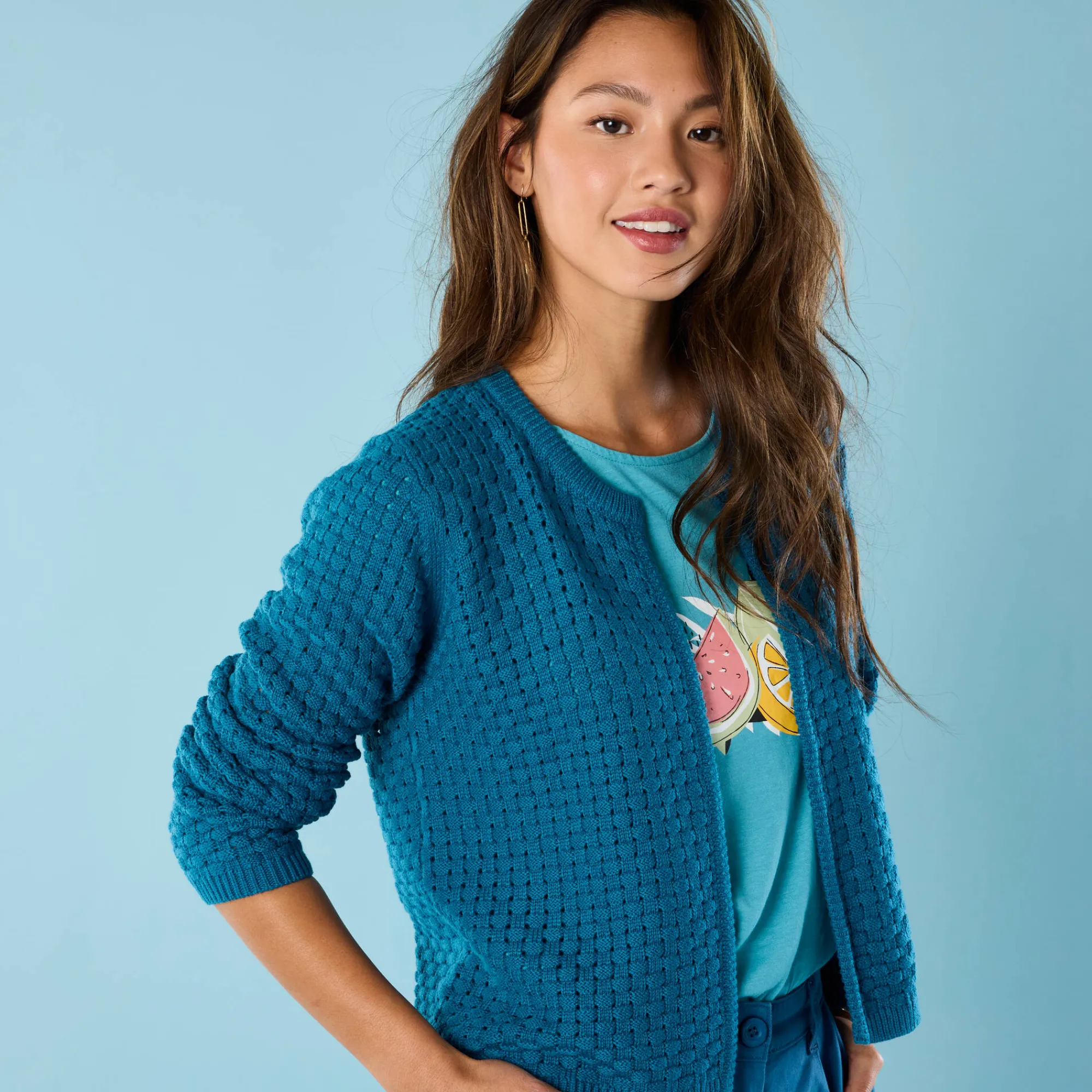 Trui En Vest<Blancheporte Paletotvest in fantasietricot, Kleine Lengtes eendenblauw
