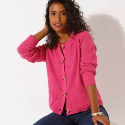 Trui En Vest<Blancheporte Paletotvest met fantasiesteek, knopen in hoornstijl Indisch roze